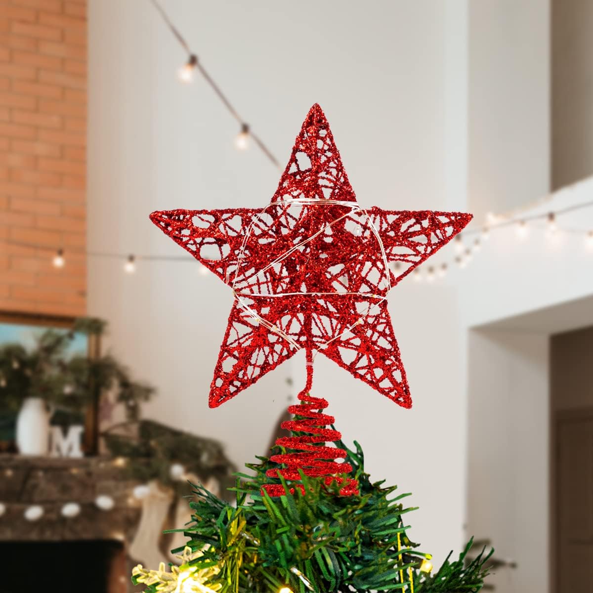 Joiedomi Christmas Tree Toppers, Glitter Red Star Tree Topper Lighted with Warm White LED Lights for Xmas Tree Decorations, Holiday Party Indoor Decor