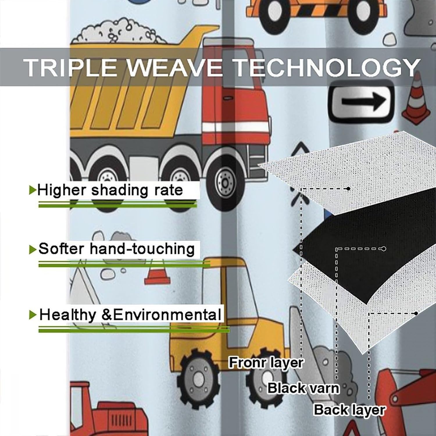 Cartoon Funny Construction Curtains,Boys Room Decor Colorful Truck Car Excavator Print Window Drapes Thermal Insulated Rod Pocket Blackout Curtains for Bedroom 2 Panels 63" L x 21" W