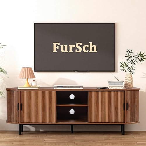 Miniatura 9 de Soporte de TV con puerta de tambor de 54 pulgadas, mueble de TV moderno de madera de mediados de siglo para TV de hasta 65 pulgadas, soporte largo