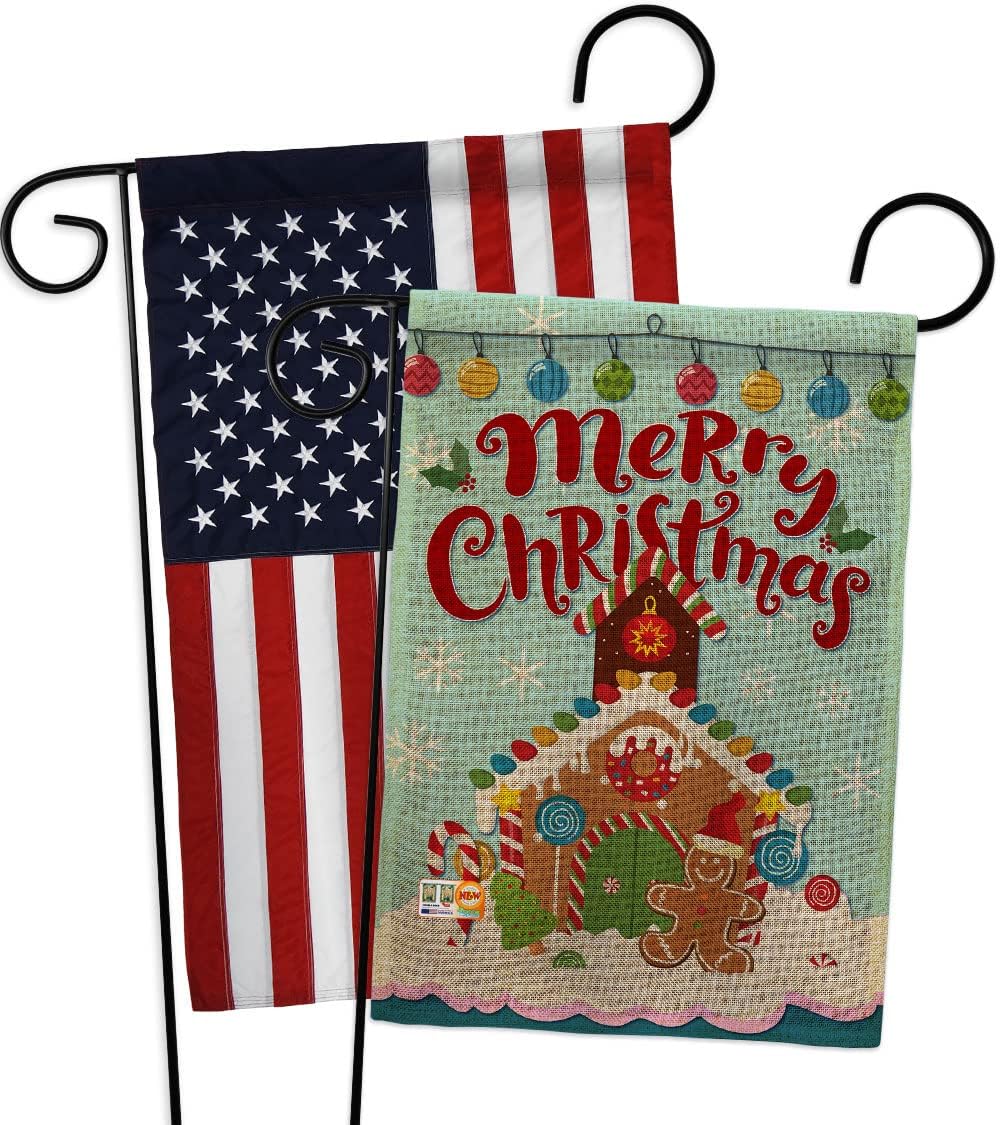 Christmas Gingerbread House Garden Flags 2pcs Pack Wintertime Santa Marry Xmas Present Reindeer Season Snow Small Decorative Gift Yard Banner Made In USA 13 X 18.5