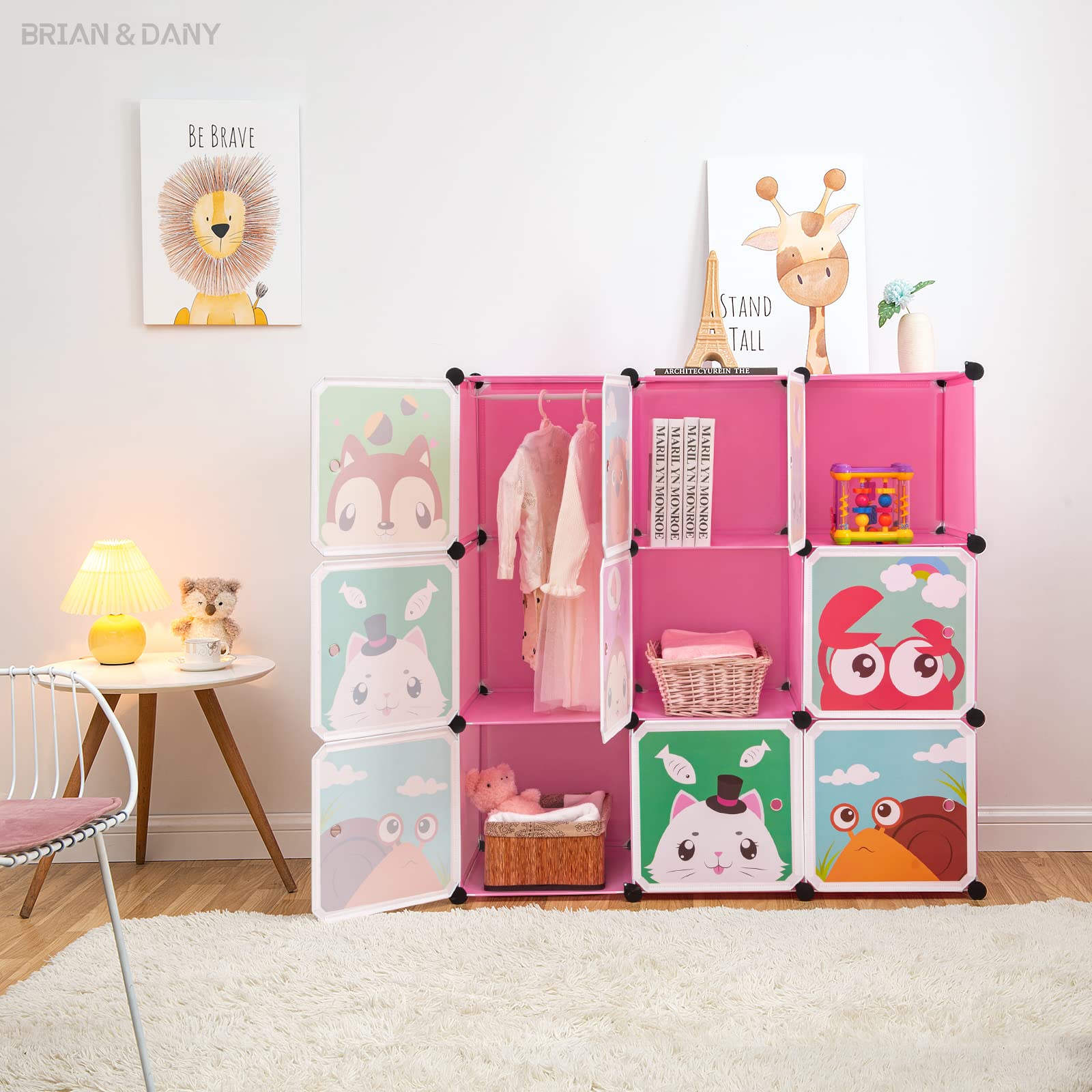 BRIAN & DANY Meuble Rangement Enfant avec Motifs d'animaux, Support de Rangement, Armoires Etagères Plastiques, Armoire de Rangement Bricolage (Rose, 110 x 47 x 110 cm)