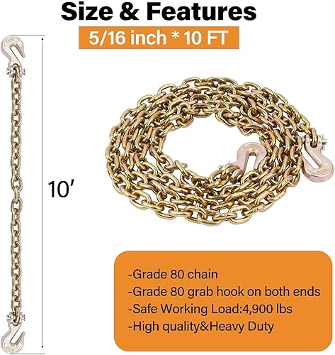 Miniatura 2 de Lechansen Cadena de transporte G80 de 516 pulgadas x 10 pies, cadena de remolque con ganchos de agarre clevis de grado 80, cadenas con tensor de