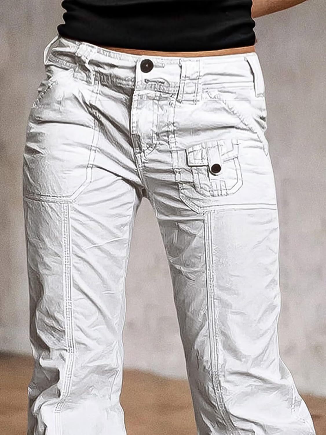 Flamingals Straight Leg Pants for Women Mid Rise Casual Front Patch Pocket Design Solid Seam Pants - Image 2