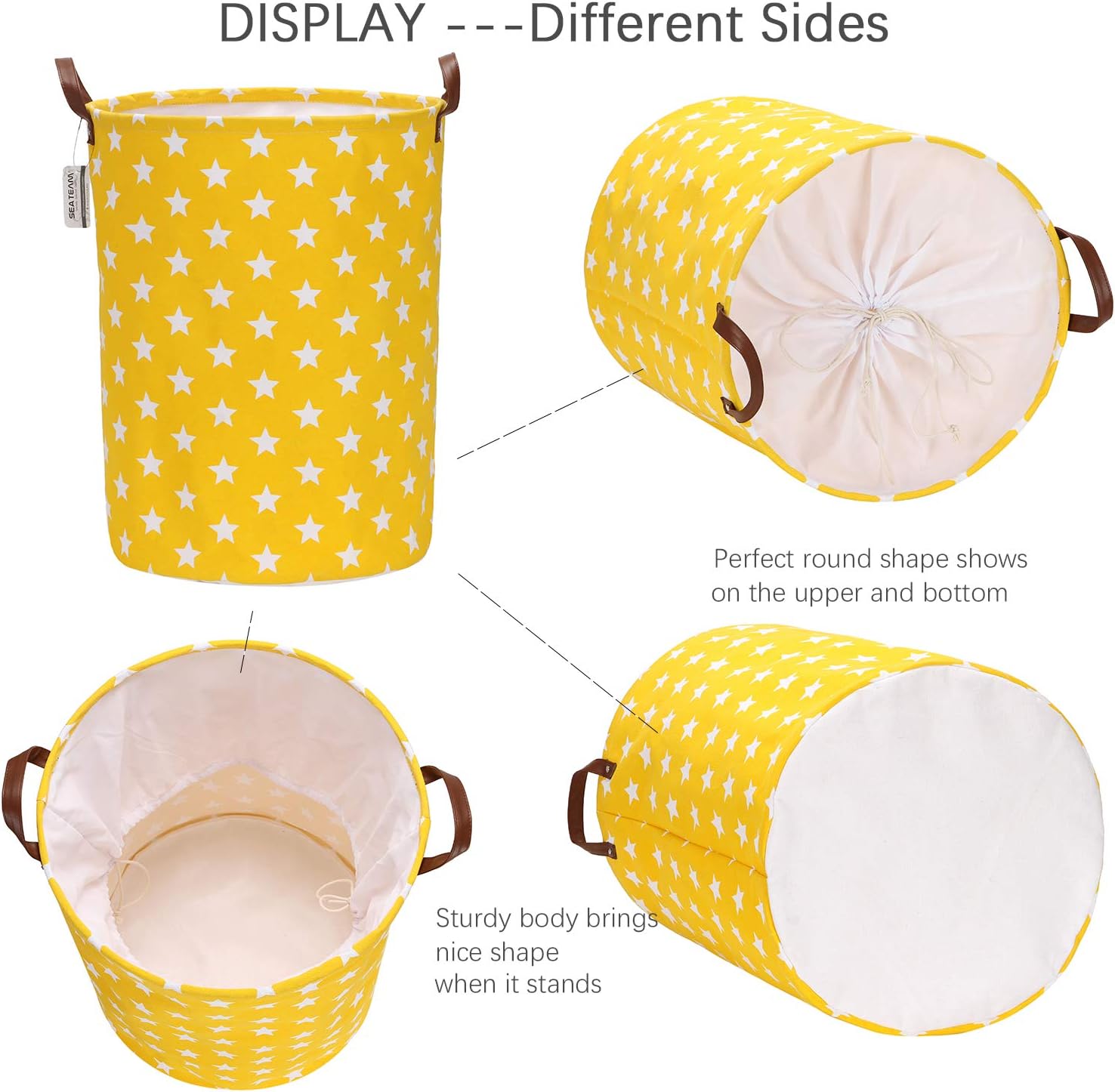 Sea Team Laundry Hamper Canvas Fabric Laundry Basket Collapsible Storage Bin with PU Leather Handles and Drawstring Closure (19.7"/Large, Star/Yellow)