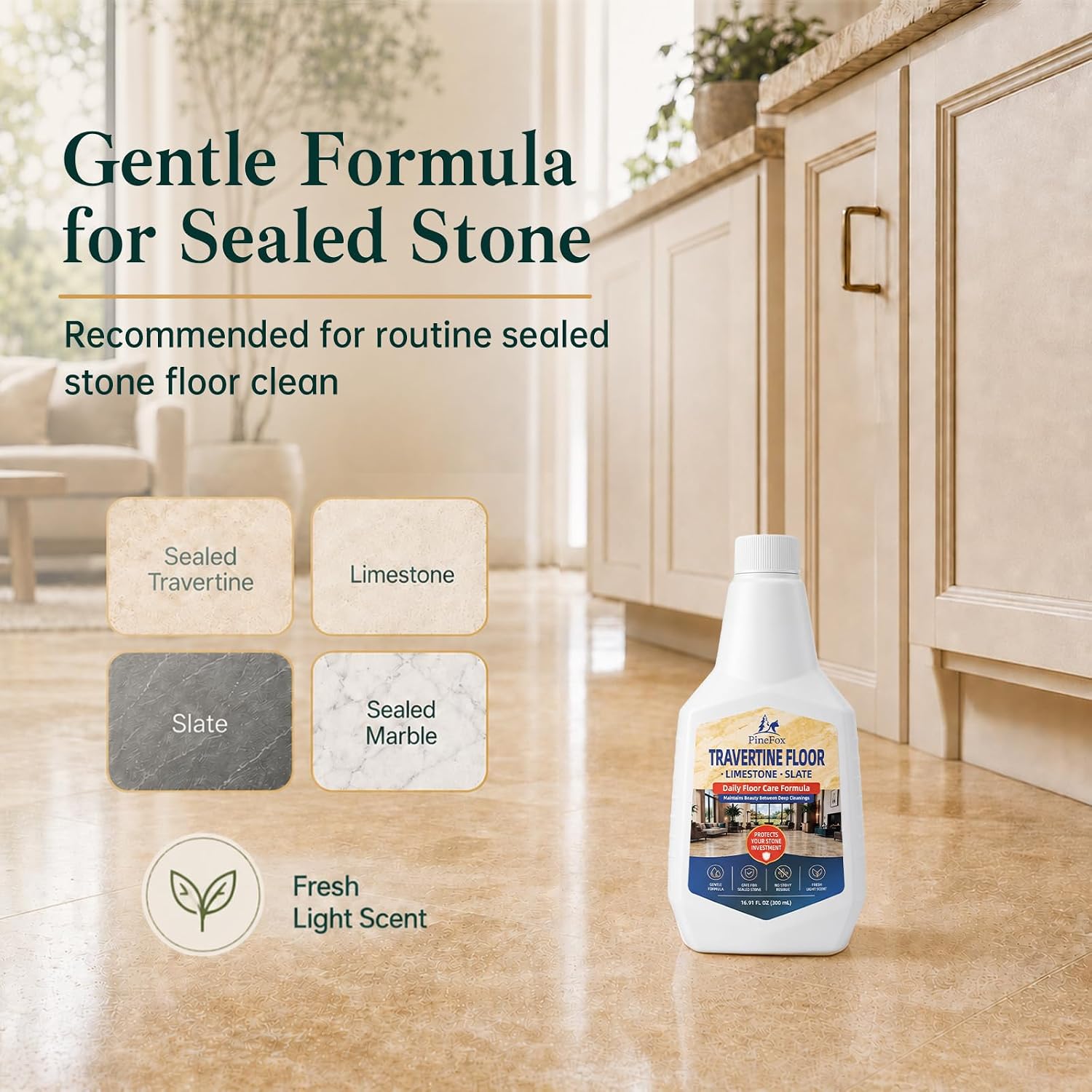 Stone Floor Cleaner for Travertine Floor, Limestone & Slate, Gentle Concentrated Daily Care Formula for Sealed Stone, No Sticky Residue, Fresh Light Scent, 16.91 fl oz