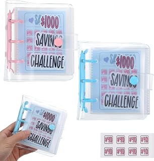 2Pcs Cash Saving Binder, Mini Money Saver 1000 Book with 25 Envelopes, 1000 Savings Challenge Book & Envelope Wallet, Budget Planner for Cash Organizing (Pink, Blue)
