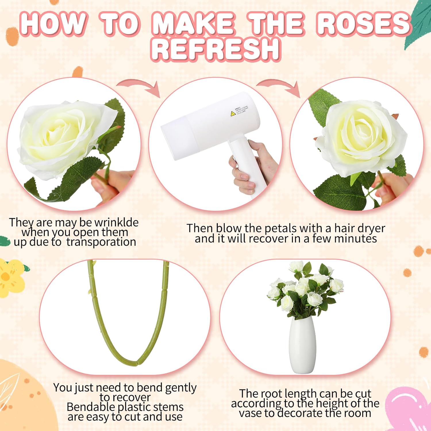 Tigeen 150 Pcs Artificial Silk Roses Flowers Bulk for Weddings, Valentine's Day & Home Decor - Realistic Long Stem Flowers(White)