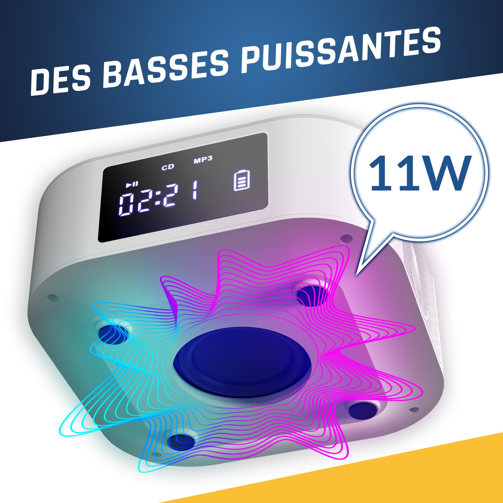 KLIM Boombox E1 - Poste Radio CD Portable - Extra Bass avec Subwoofer - Radio FM, CD, Bluetooth, USB, Bluetooth, MP3 - Mode Filaire et sans Fil avec Piles Rechargeables - Télécommande - Blanc