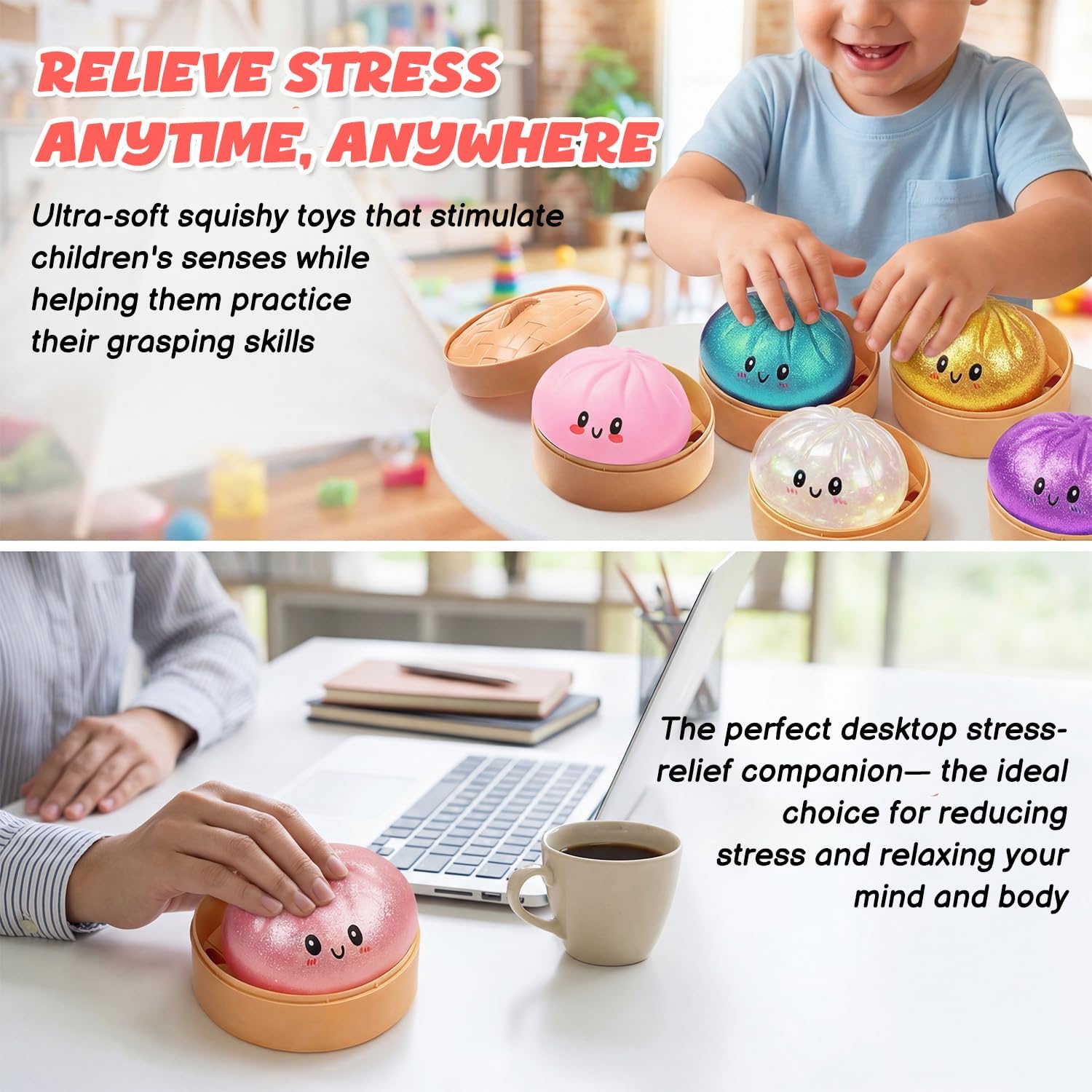 Dumpling Squishies Toy, Glitter Mystery Squishy Dumpling Box, Colorful Dumplings Stress Fidget Toys, Soft Anxiety Relief Sensory Squeeze for Toddler and Boys, Easter Basket Stuffers for Kids(Pink)