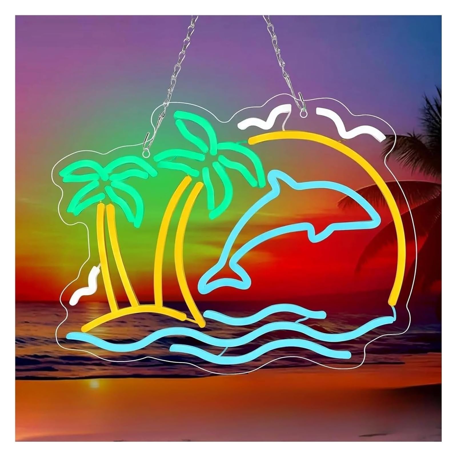 Insegna al neon a forma di palma e delfino, luce LED per soggiorno, club, 30x22,5 cm