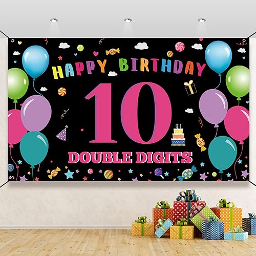Decoraciones de cumpleaños número 10 para niña, pancarta de fondo de feliz cumpleaños de 10 años, cartel de doble dígito para fiesta de cumpleaños