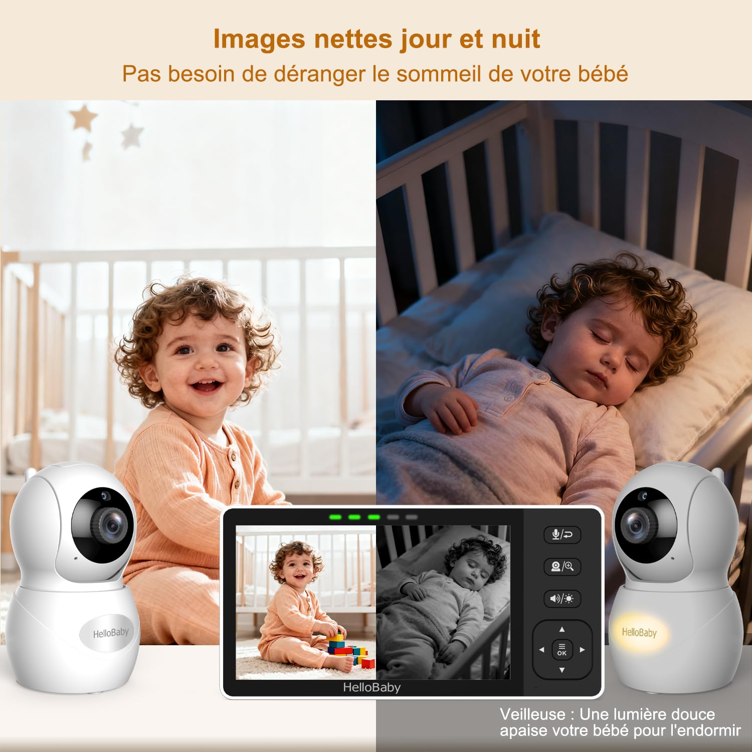 HelloBaby Babyphone Bébé Moniteur avec Écran 5,5 Pouces, Caméra HD 720p IPS, sans WiFi, Pan-Tilt-Zoom, Communication Bidirectionnelle