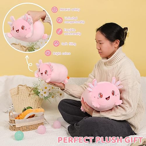 Miniatura 4 de AIXINI Bonita almohada de felpa de ajolote rosa de 8 pulgadas, animal de peluche luminoso de salamandra ajolote, suave peluche kawaii para abrazar,