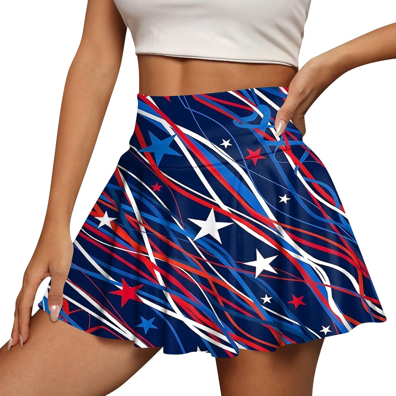 Women’s Summer Athletic Loose Trendy Elastic Waist July 4Th Independence Day Printed Yoga Fitness Tennis Skirts