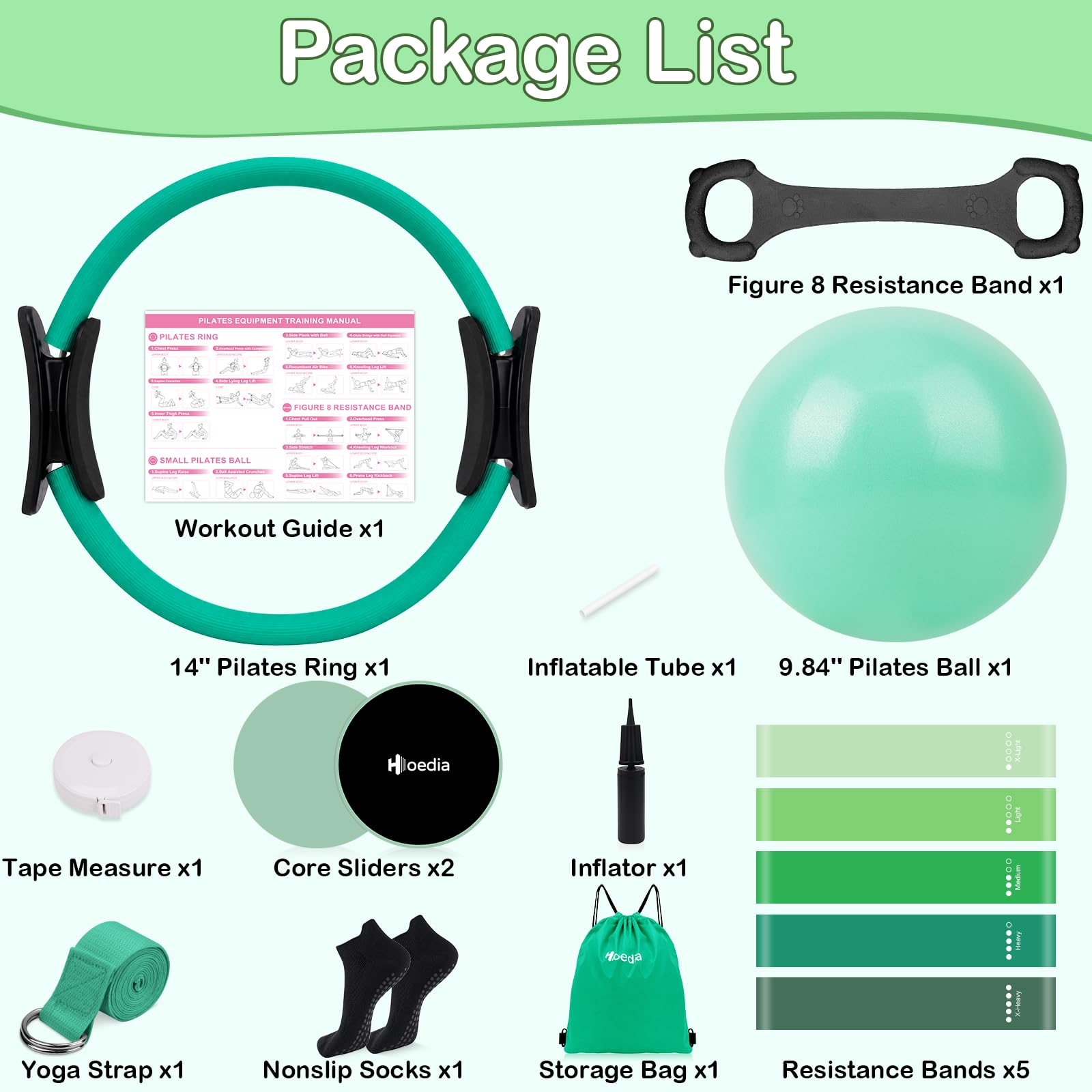 Hoedia Kit per Pilates da donna, attrezzatura per pilates con anello e | Anello per pilates, fasce di resistenza per palla da pilates, cinghia da yoga, cursori per core, calzini per allenamento a