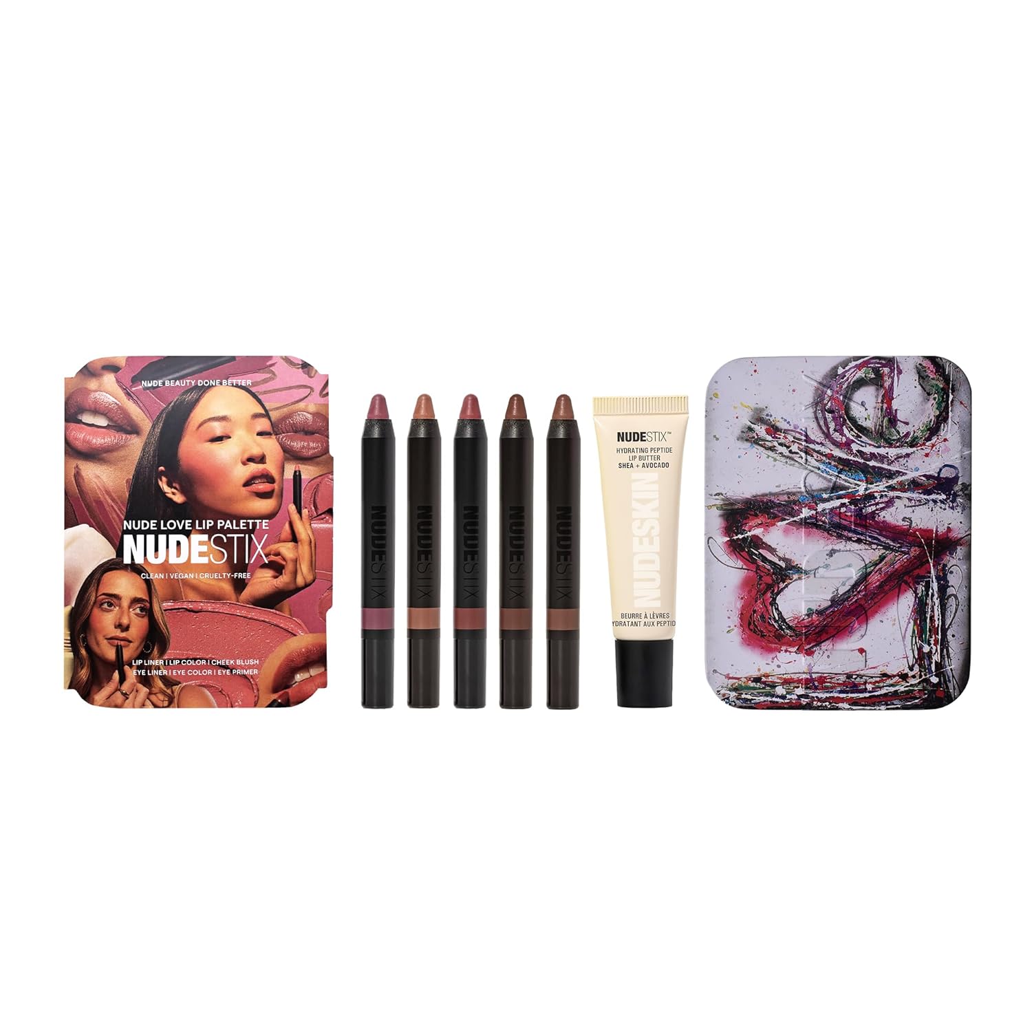 Nudestix Nude Love Lip Palette – Limited Edition 6-Piece Lip, Cheek & Eye Set in Matte & Glossy Finishes | Vegan, Clean, Multi-Use Makeup in Reusable Collector Tin | Anniversary Nude Collection