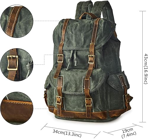 Miniatura 2 de Mochila de lona encerada para hombre Casual 15.6" Mochila para portátil, Verde, Mochilas de mochila