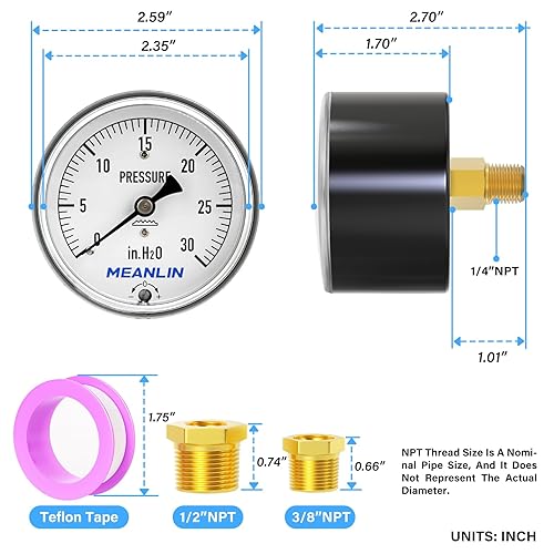 Miniatura 2 de MEANLIN MEASURE Manómetro de baja presión tipo cápsula de diafragma H2O de 0-30 pulgadas NPT de 2-13 pulgadas, esfera de cara ajustable, con 14" x