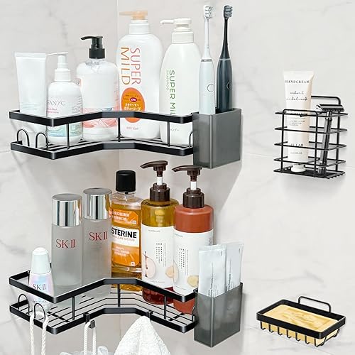 Chijoo Organizador adhesivo para ducha, 4 artículos, adhesivo para ducha, organizador de baño y almacenamiento, esquina organizadora de ducha de