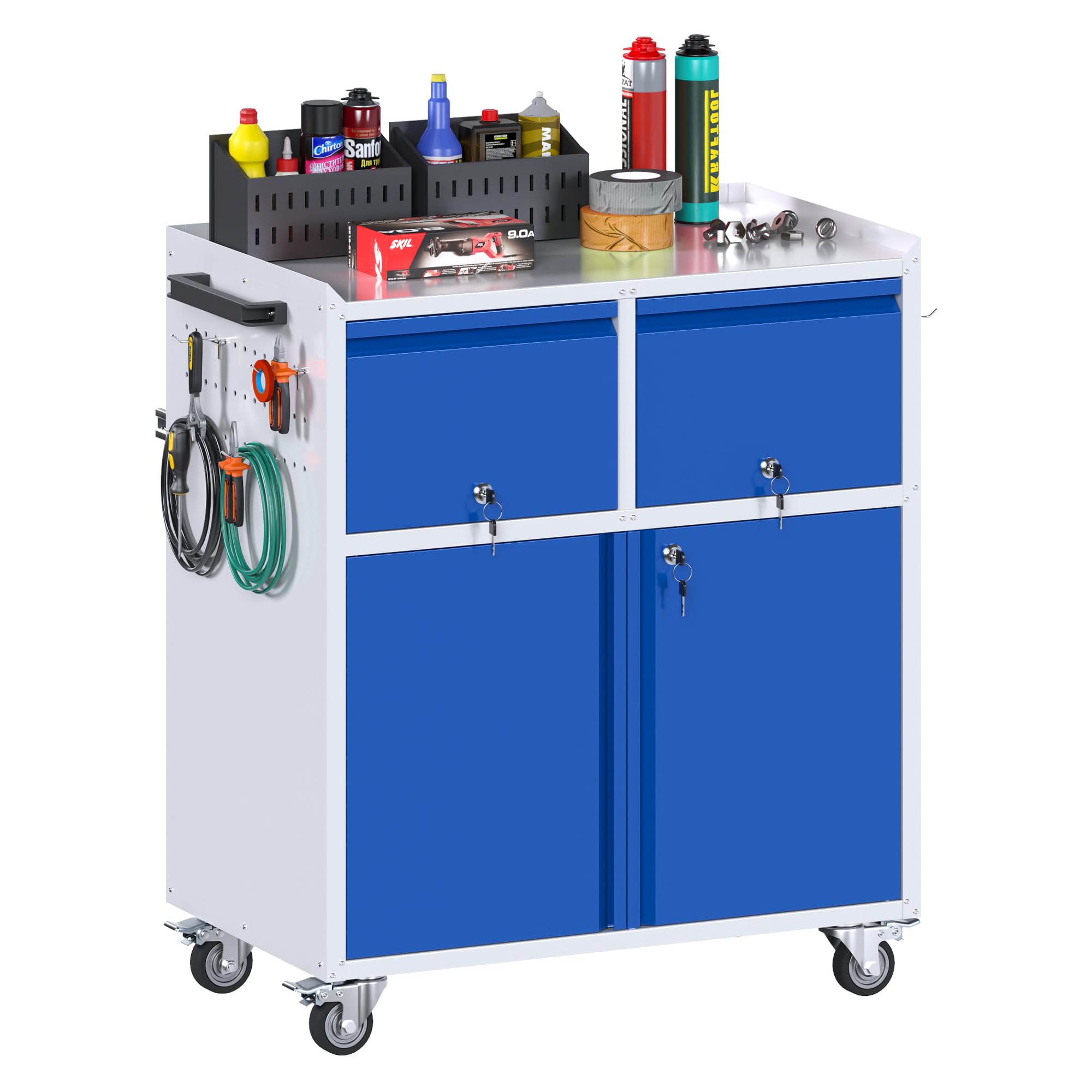 Metal Storage Cabinet on Wheels with 2 Drawer, Rolling Steel Garage Tools Cabinet with Side Pegboard &4 Hooks & 1 Adjustable Shelf for Garage,Shop,Home, Blue/Gray, Assembly Required