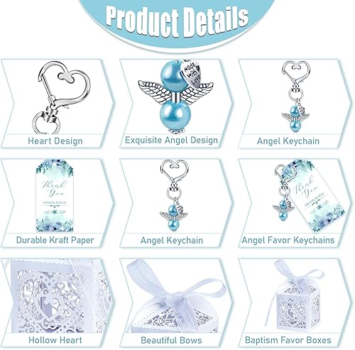 Miniatura 2 de OurWarm Regalos de baby shower para niños, 48 juegos, llaveros de ángel, cajas y tarjetas de agradecimiento, bautismo y recuerdos de boda (azul)