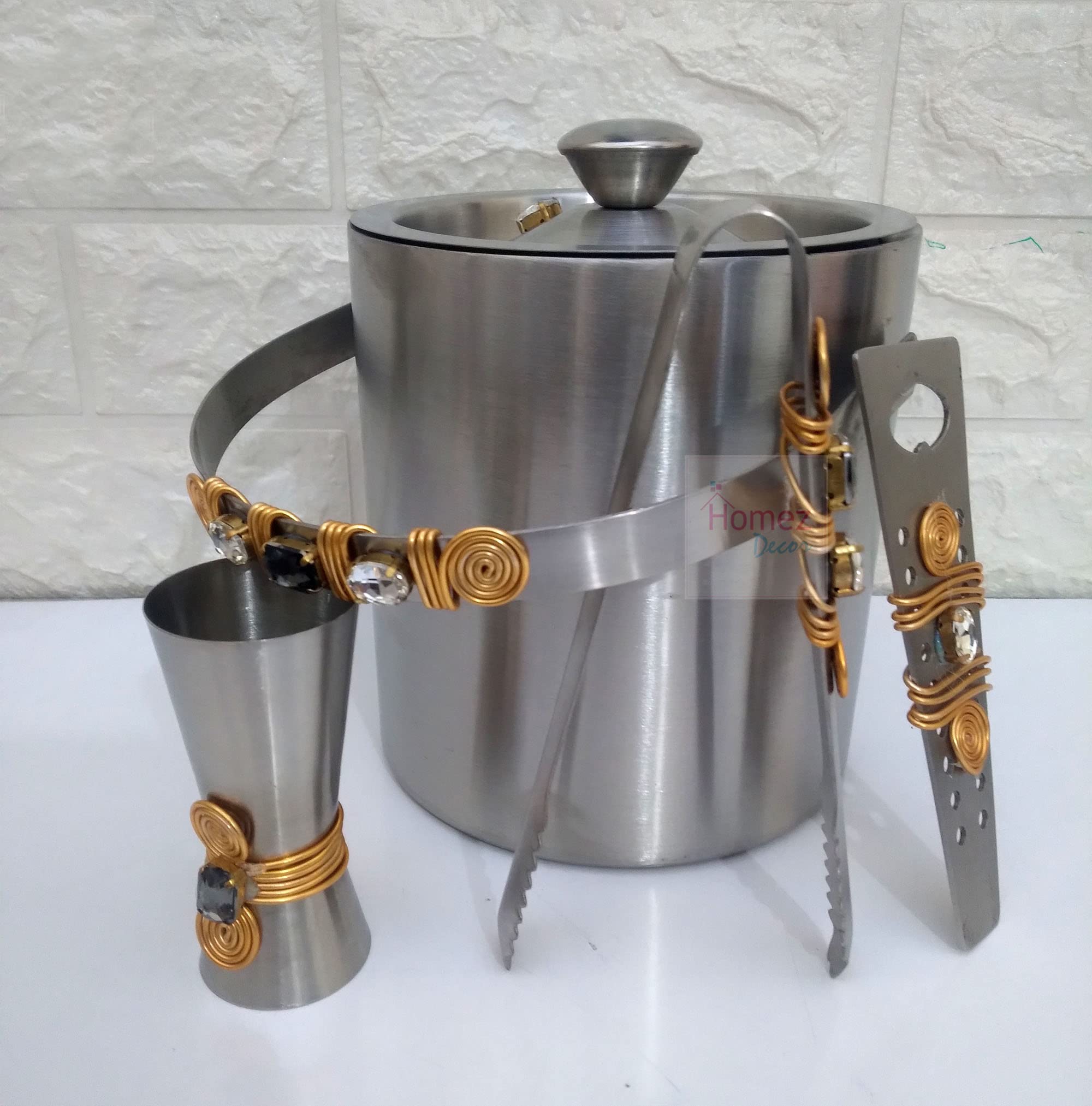 Homez Decor Designer Barware Set 1 LTR 1 Ice Bucket,1 Tong,1 Peg Measure, 1 Opener Bar Tool Set of 4 Pcs for Home Bar Accessories