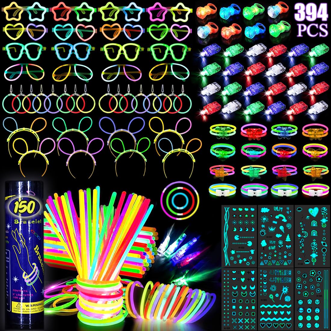 394 Pcs Glow in the Dark Party Supplies for 16 Kids Adults, Light Up Party Favors, 150 Ultra Bright Glow Sticks Bulk Party Pack with Set of 16 Glow Glasses,Earring, Headband,Bracelets, Necklaces