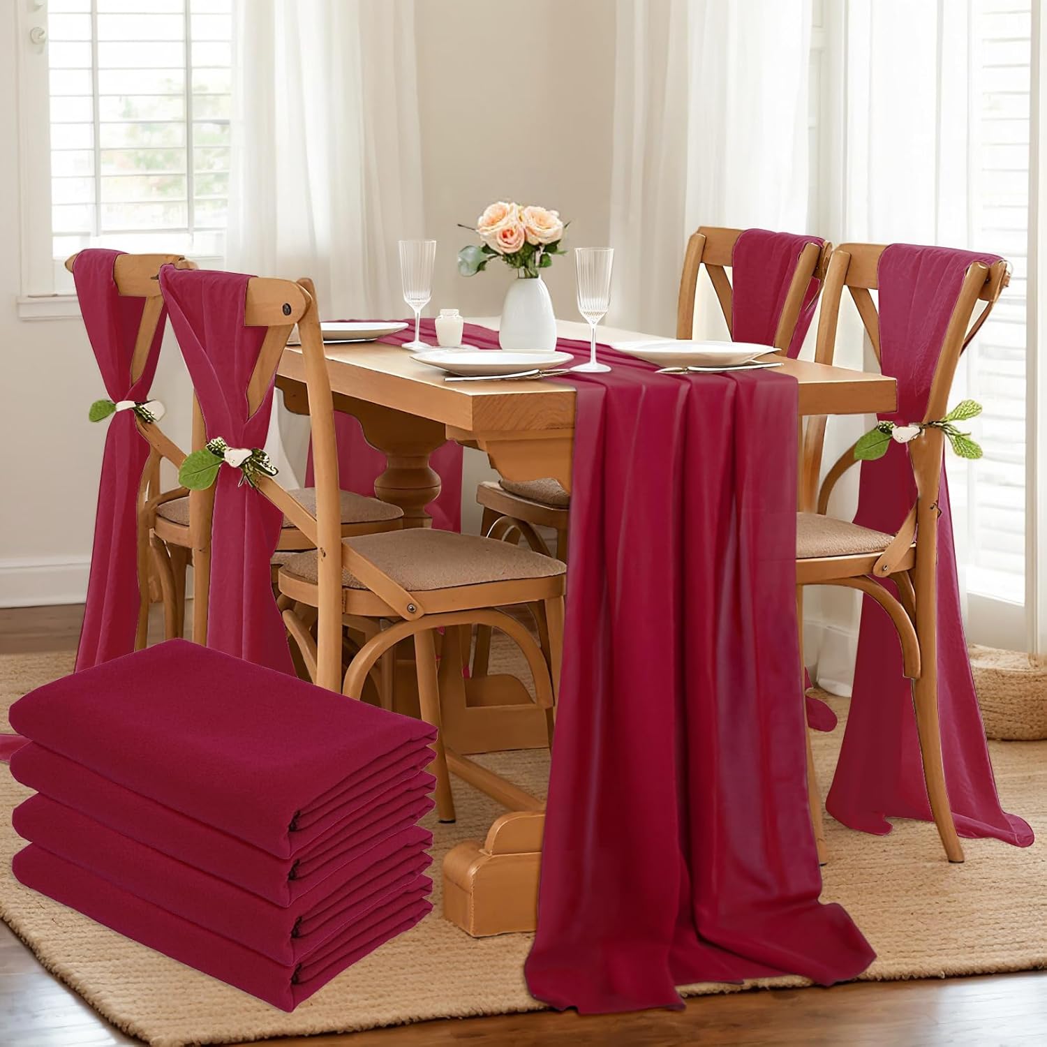 DUOBAO 4 Pack Chiffon Table Runners 29x120 Inches Burgundy Sheer Fabric Runner for Wedding, Party, Bridal Shower Decor, Elegant Dining Table Runner