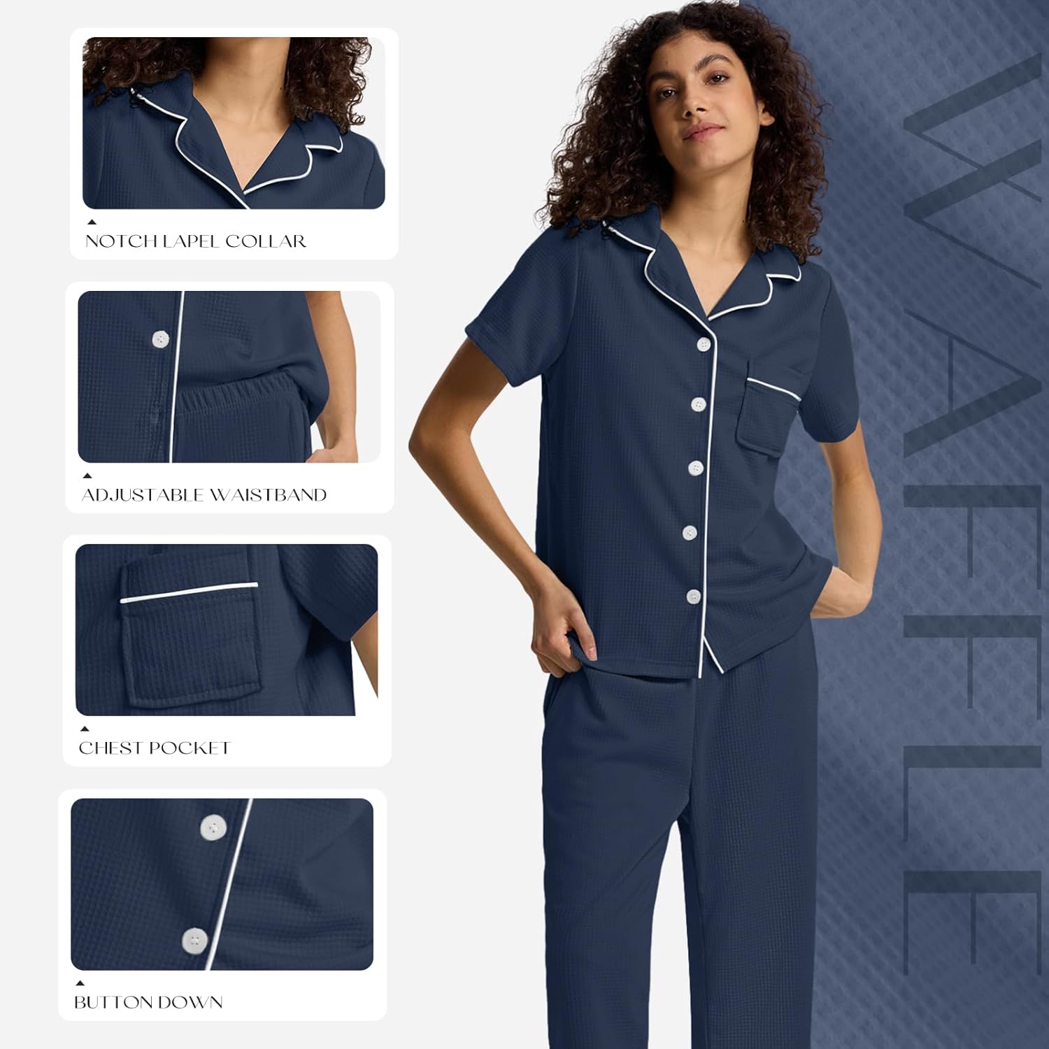 SIORO Capri Pajamas Set for Women, Button Down Sleepwear Short Sleeve Loungewear, Waffle Knit Top with Capri Pants Pjs - Image 5