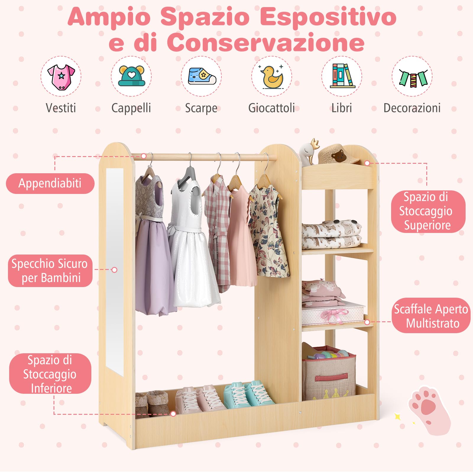 RELAX4LIFE Organizer Armadio per Bambini con Specchio, Appendiabiti e 4 Ripiani Aperti, Appendiabiti per Bambini per Cameretta, 93,5x38x100cm (Pink) (Naturale)