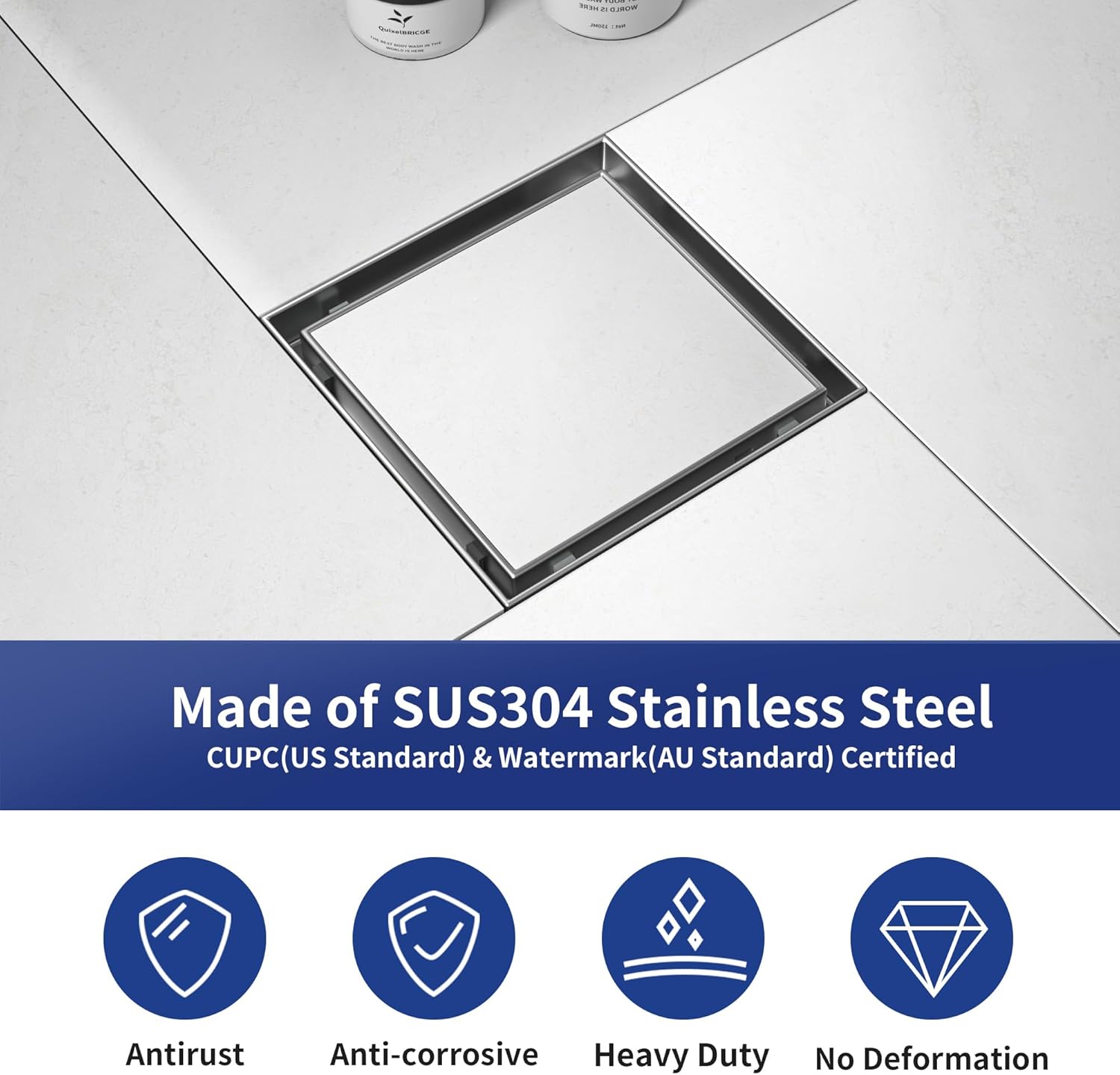 Square Shower Drain 6", Brushed Floor Drain with Tiled Insert Grate & Hair Strainer, 304 Stainless Steel Bathroom 2-in-1 Tiled in Drain, CUPC Certified (Brushed, 6'')