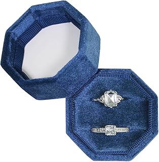 Velvet Ring Box, Ring Box 2 Slots Ring Gift Box Double Slots Octagon Ring Display Holder Case for Proposal Engagement Wedding Ceremony (Navy Blue)