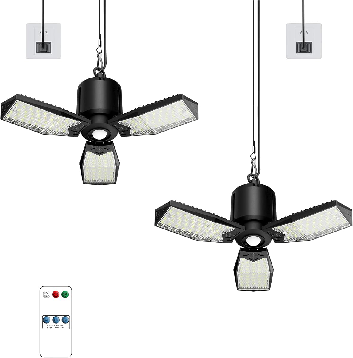 Motion Sensor Garage Light Plug-in, 80W, 8000LM, E26 Base, 2 Pack | Remote & Wall Switch Control, 3 Lighting Modes, Deformable LED Panels, 6500K Daylight, 360° Detection for Attic Barn