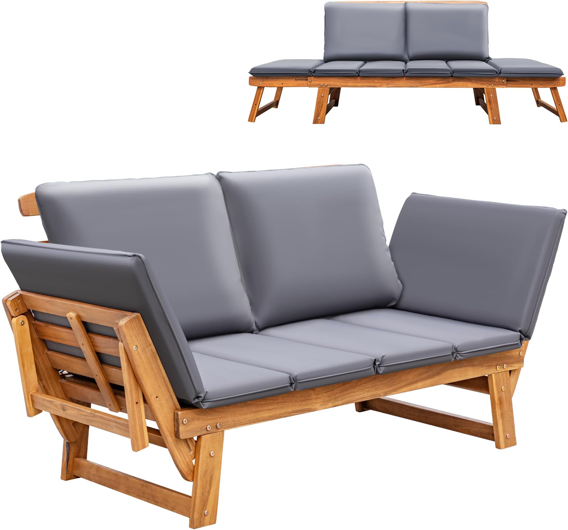 Greesum Patio Convertible Couch Sofa Bed with Adjustable Armrest, Acacia Wood Outdoor Daybed with Cushion & Pillow, Folding Chaise Lounge Bench for Porch Courtyard Poolside๏ผGray