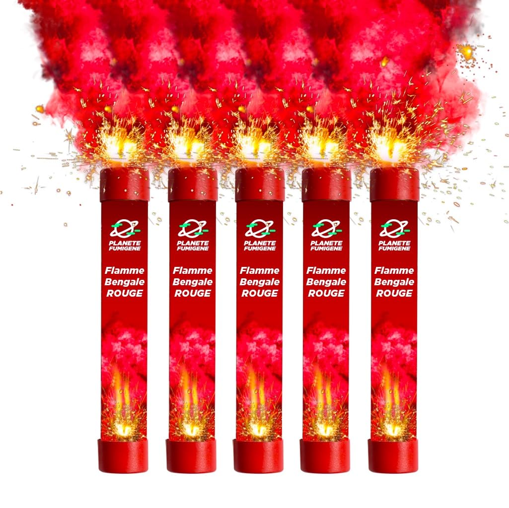 Fumigène Flamme de Bengale ROUGE VIF - Lot de 5 - Torche durée 40 secondes - Allumage à Mèche, fumigene couleur à tenir en Main - idéal pour évènements, supporter sport Catégorie F1