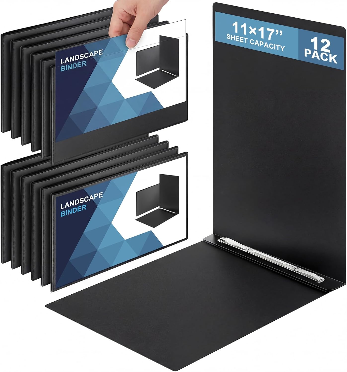 12 Pcs 11''x17'' Report Covers, Binder Folders with Clear Pocket, Capacity Presentation Binder Folder with 3" Metal Prong Paper Fastener for School Portfolio Business Document Storage Proposals(Black)