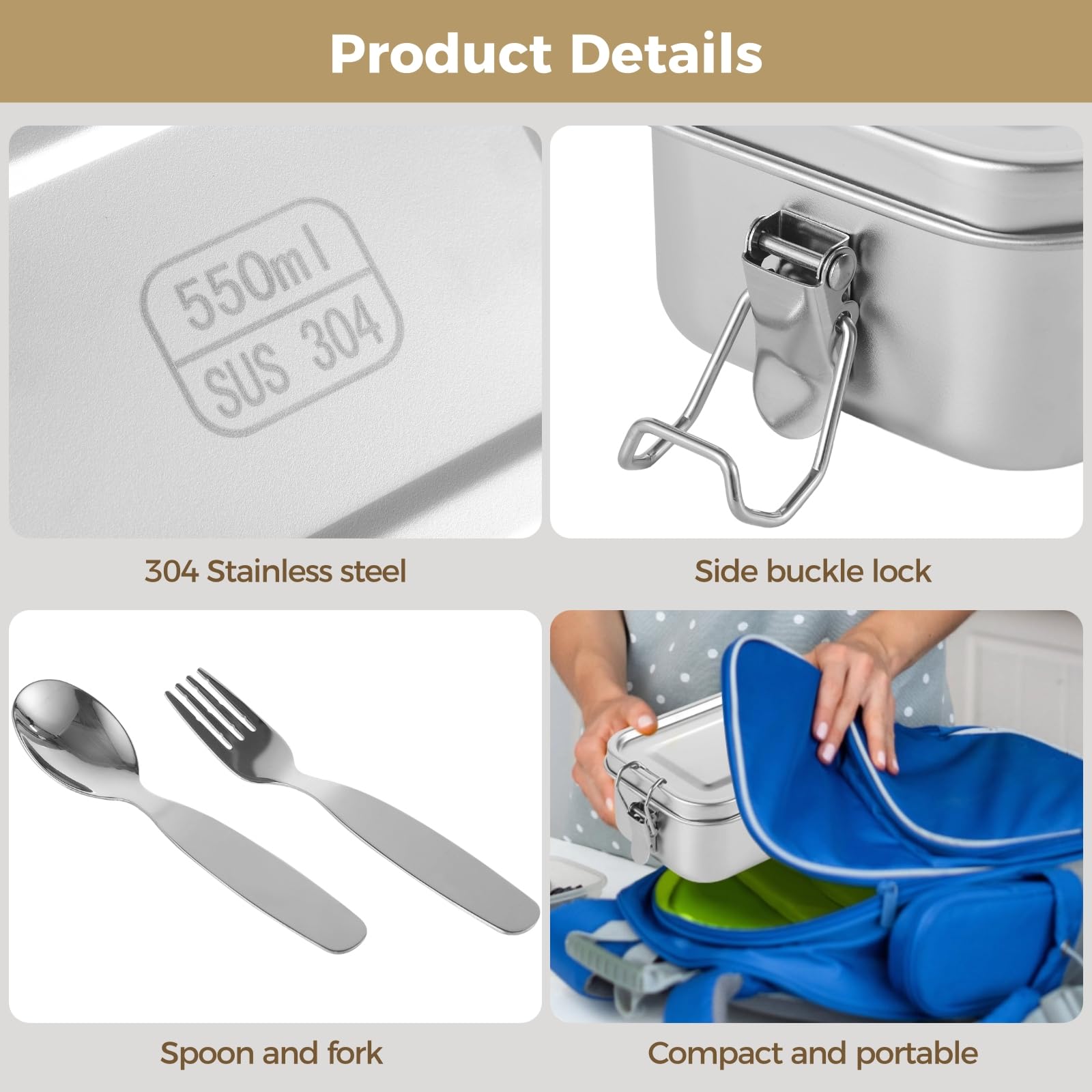 304 Edelstahl Lunchbox Set, 4 stapelbare Behälter mit Verriegelungsdichtung, 550 ml, inklusive Besteck für Büro und Kinder