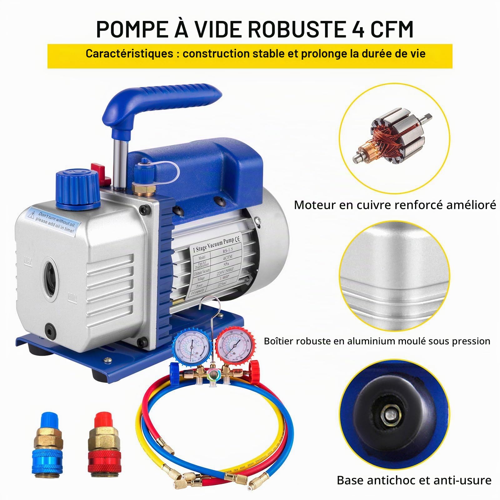 Pompe à Vide Climatisation 1.8CFM 1/4 HP, Kit Frigoriste Professionnel avec Manifold 3 Voies et Tuyaux de Charge, Pompe à Vide HVAC pour Climatisation Auto, Réfrigérateur et Systèmes A/C(4CFM-1/3HP)