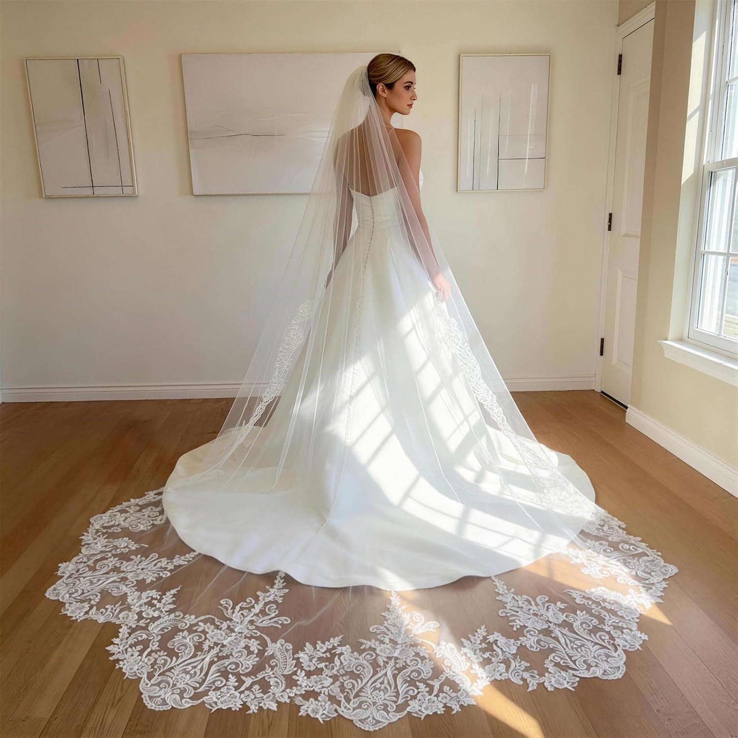 Kelaixiang Embroidered Lace Bridal Veil with Ornate Floral Patterns, Long Satin-Trimmed Wedding Veil for Bride
