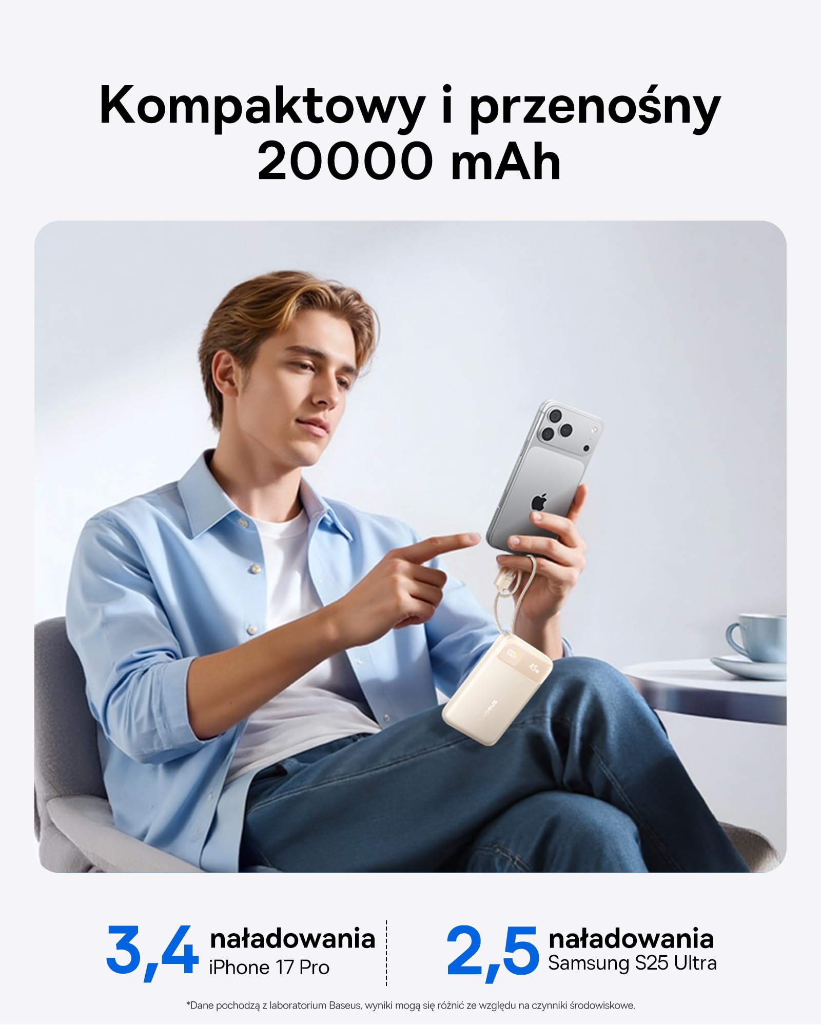 Baseus FC11 Power Bank 45 W 20000 mAh przenośna ładowarka z podwójnym wbudowanym kablem, mały powerbank CCC z inteligentnym wyświetlaczem, zwijany kabel, akumulator do iPhone'a 17/16, iPada, laptopa