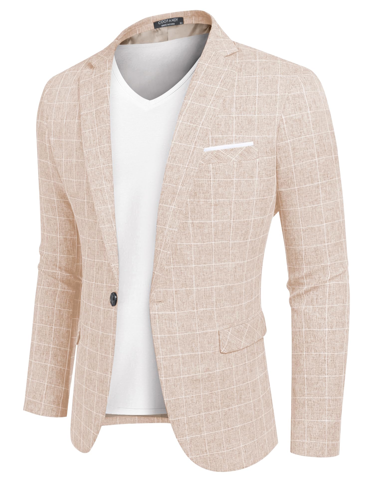 Coofandy Men's Blazer Casual Sport Coats Slim Fit One Button Suit Jacket Lightweight Sports Jacket, Plaid Blazer - Beige, XL