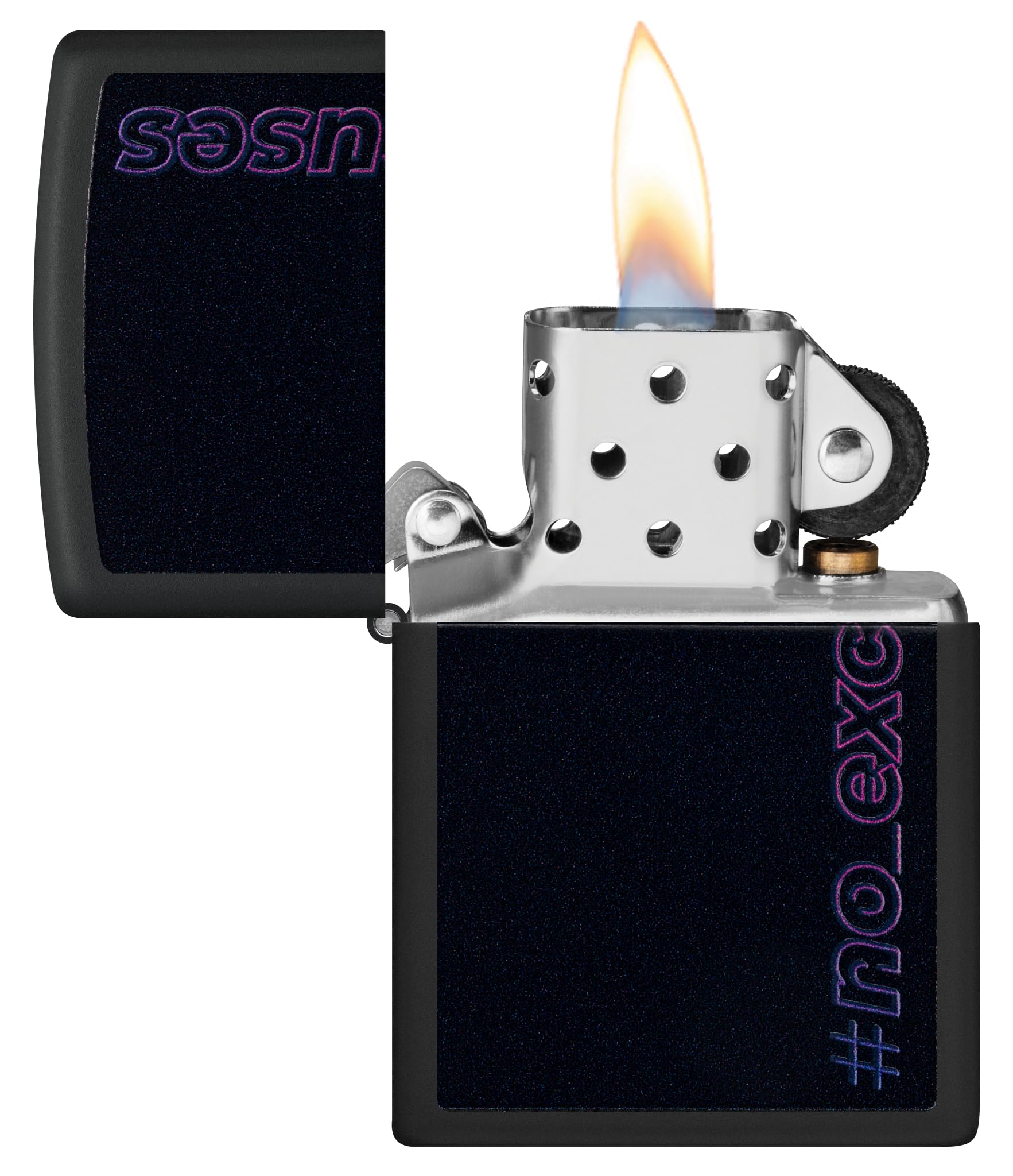 Zippo Sturmfeuerzeug - No Excuses, Black Matte, Black Light - Nachfüllbar - Wiederverwendbar - Windfestes Design - Geschenkbox - Made in USA