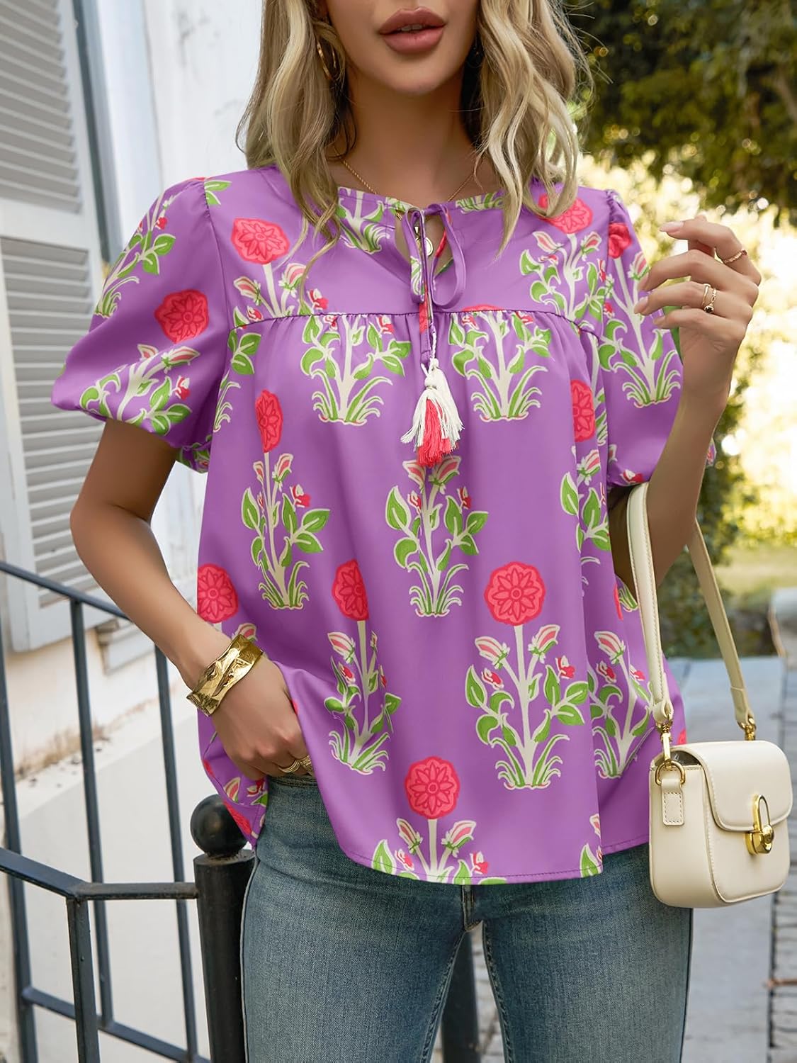 Cicy Bell Womens Boho Floral Blouses Short Puff Sleeve V Neck Babydoll Shirts Flowy Tie Front Tops - Image 3