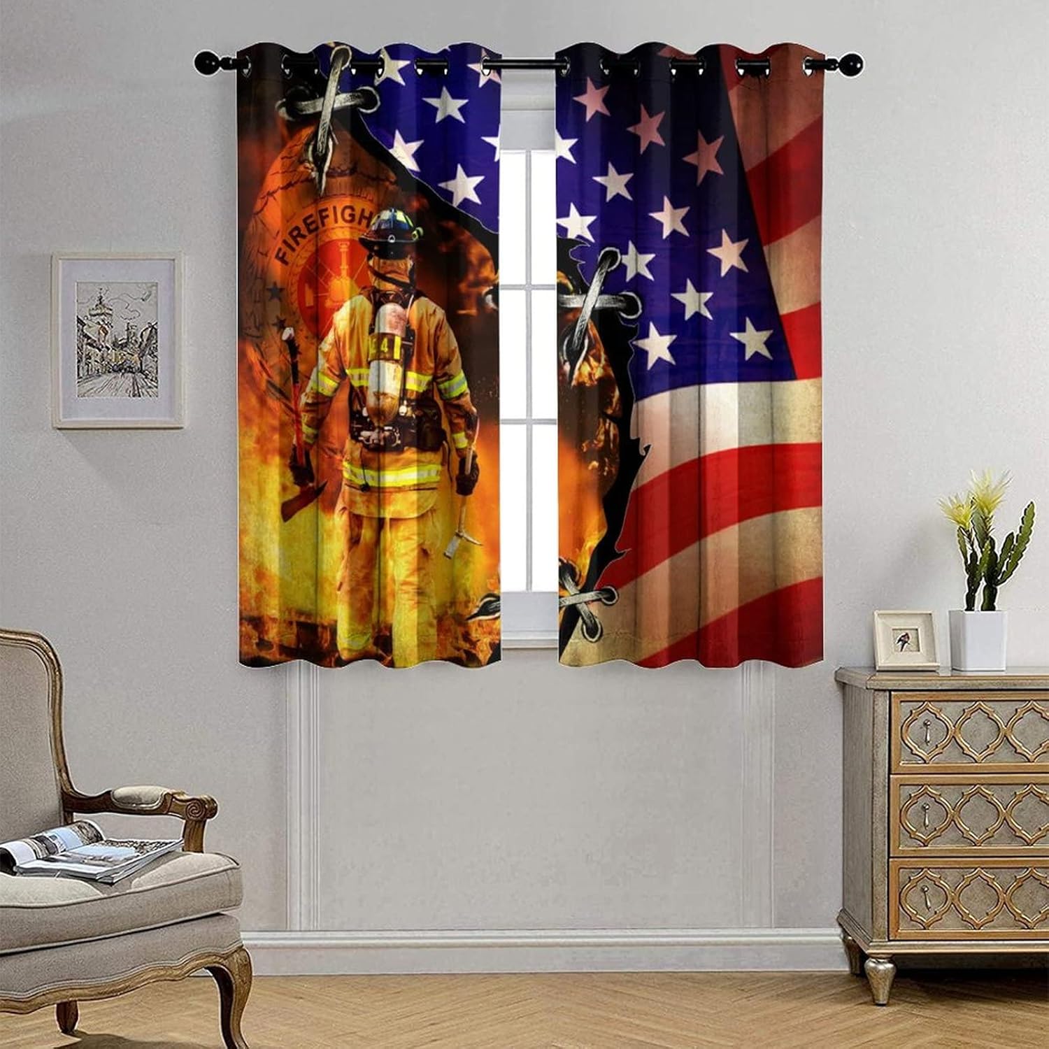 American Flag Firefighter Ultra Soft Premier Blackout Curtains,Cool Fireman US Flag PrintThermal Insulated Bedroom Noise Reducing Patio Door Grommet Top,2 Panels 54L x 21W