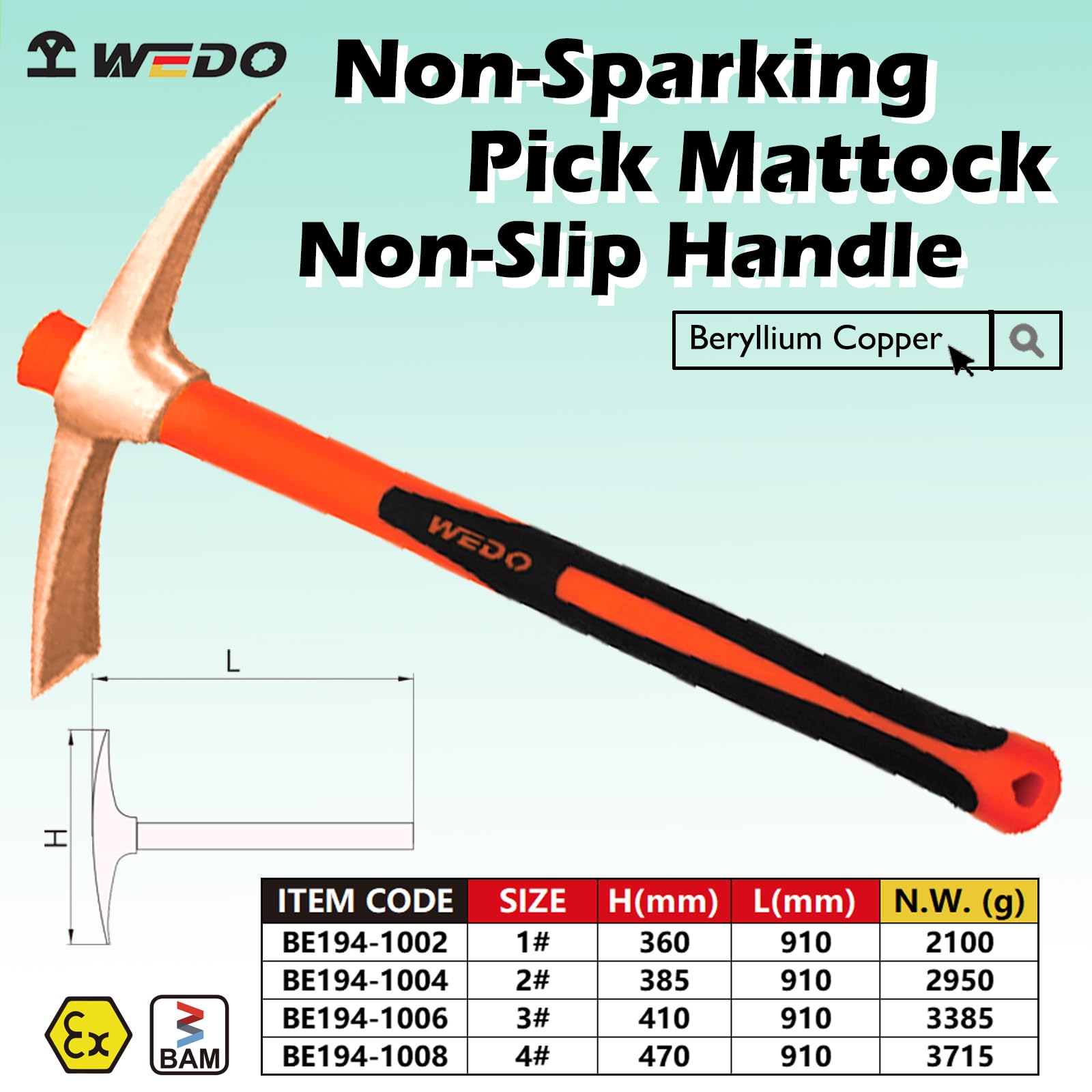 WeDo Ferrocarril sin chispas, mango de fibra de vidrio de seguridad sin chispas, cobre berilio no magnético, forjado a presión, resistente a la corrosión, estándar DIN BAM/ATEX