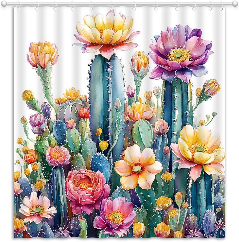 Tropical Cactus Succulent Plant Shower Curtain Western Watercolor Floral Botanical Abstract Rustic Fabric Bathroom Curtain with Hooks, 70Wx86H