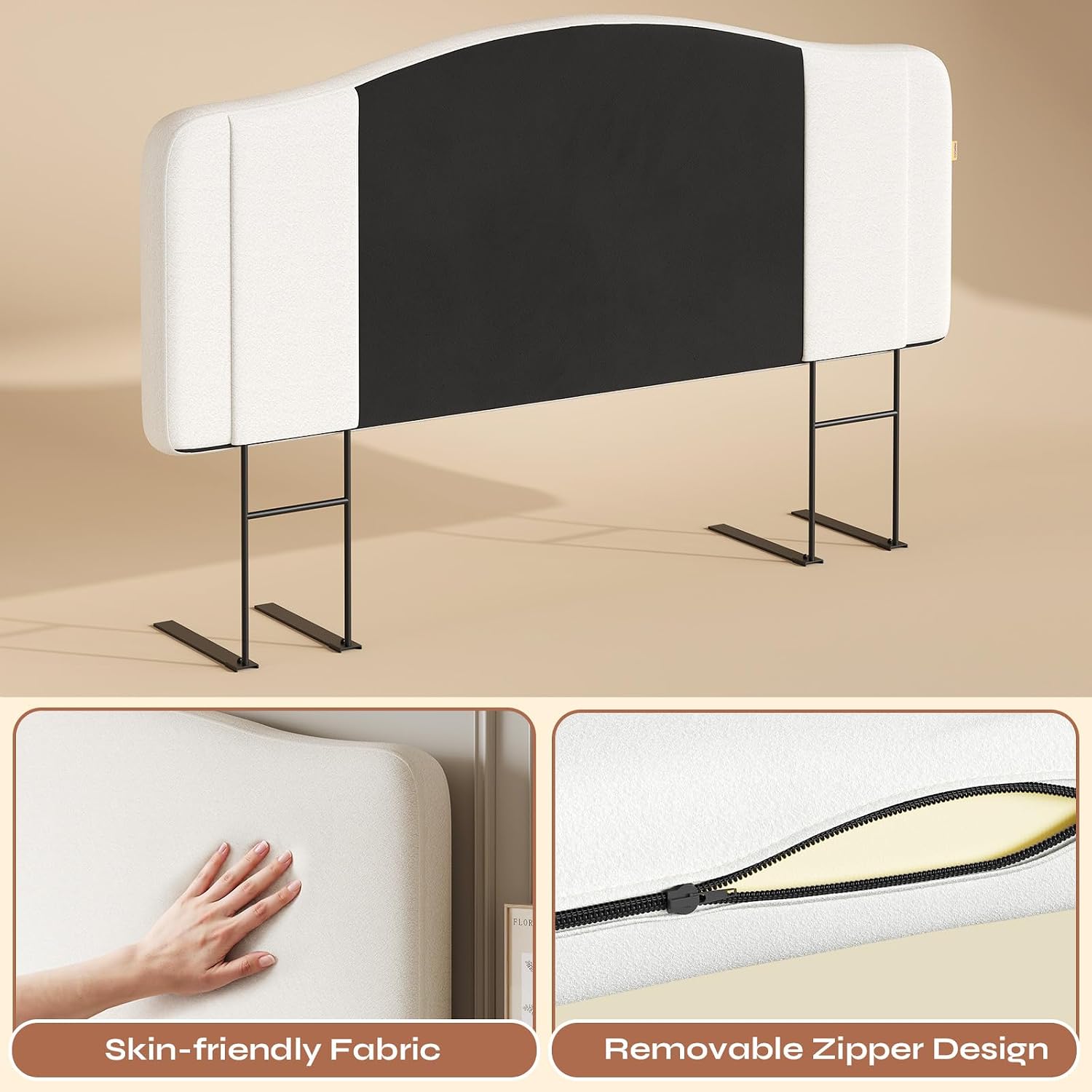 Pinmoco Queen Size Upholstered Headboard, Height Adjustable and Ergonomic Headboard, Memory Foam, Easy Assemble, Sturdy and Durable, Fabric Velvet, Beige