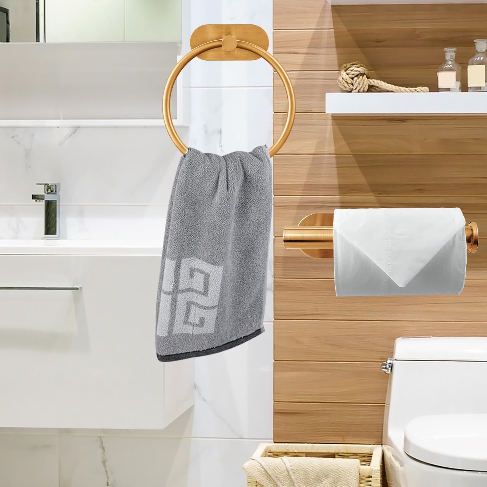 RUMOSE Toilettenpapierhalter & Handtuchring – Gebürstetes Gold, Edelstahl, 2-tlg, Schwenkbar