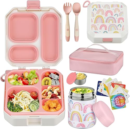 wiwens Lonchera Bento para niños con sopa térmica de 12 onzas a prueba de fugas con 5 compartimentos, tarro térmico de comida caliente y bolsa de