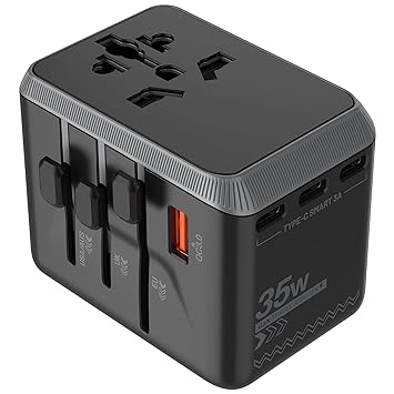 Case-Magic Universal Travel Adapter 35W GaN USB C, 15W USB C, 18W USB A QC3.0 Ports Wall Charger for Laptop, Smartphone, Tablet, Camera, Hair Dryer| Multi AC Outlet for USA/AUS/UK/EU/ 200+ Countries